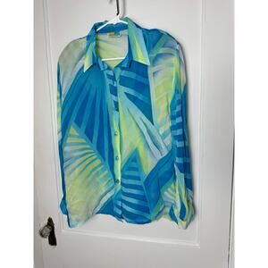 Vintage Sea Suns Blue Green Sheer Coastal Long Sleeve Blouse Top Women's XL